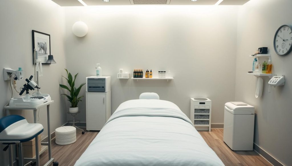 A clinical massage therapy room, with soft lighting and soothing color palette. Prominently featured is a massage table with clean, crisp linens, surrounded by therapeutic equipment like massage tools, oils, and supportive accessories. The room exudes a sense of professionalism and relaxation, with a balanced composition that showcases the clinical application of massage therapy. The overall atmosphere conveys the scientific and evidence-based nature of this therapeutic practice.