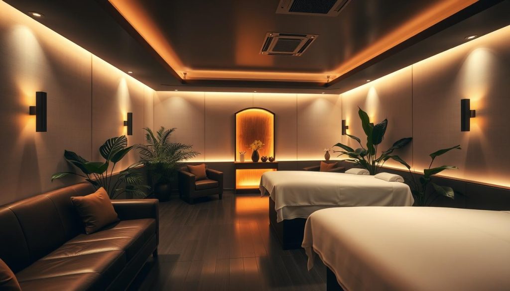 A luxurious, dimly lit massage parlor interior with plush leather couches, soft lighting, and soothing aromas. Tranquil, muted colors create a serene atmosphere. Lush, tropical plants adorn the space, adding a touch of natural elegance. The scene features high-end massage tables with crisp, white linens, conveying a sense of indulgence and pampering. Warm, ambient lighting casts a gentle glow, inviting visitors to relax and unwind. The overall mood is one of sophistication, relaxation, and an exceptional spa-like experience.