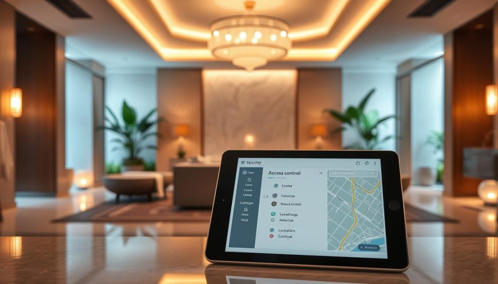 A luxurious hotel spa setting with a stylish, minimalist interior. Warm, soft lighting illuminates the elegant décor, creating a serene and tranquil atmosphere. In the foreground, a neatly organized access control list and location map are displayed on a sleek, modern tablet device. The background features lush greenery, natural elements, and a sense of exclusivity, conveying the idea of a high-end, private spa experience. The overall composition exudes a sense of refinement, attention to detail, and a focus on customer experience and security.
