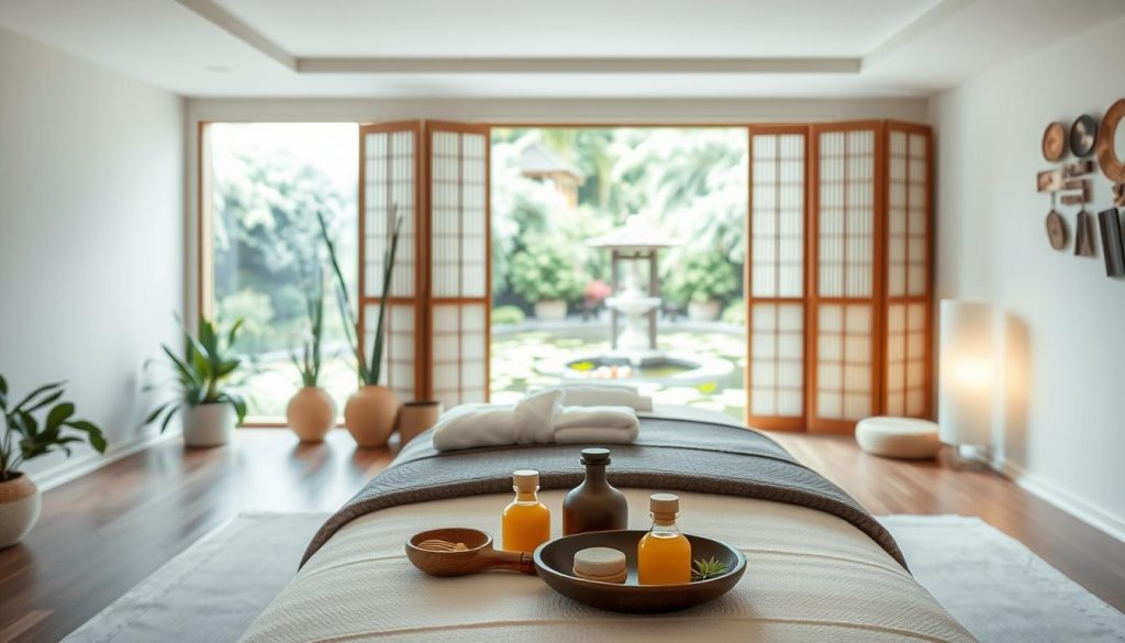 A serene Asian-inspired spa interior with soft lighting and natural elements. The foreground features a tranquil massage table with traditional Uzakdoğu massage tools and oils. In the middle ground, potted plants, bamboo, and decorative screens create a soothing, zen-like atmosphere. The background showcases a view of a lush, verdant garden with a koi pond, evoking the calming essence of Uzakdoğu wellness practices. The overall scene conveys a sense of harmony, relaxation, and the holistic benefits of ancient Eastern massage techniques.