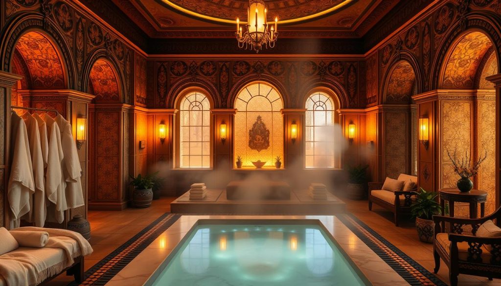 A serene and opulent spa setting with a luxurious Turkish bath experience. A grand, ornate interior with intricate tilework, arched doorways, and warm, ambient lighting. Plush, oversized towels and robes in soft, neutral tones. Tranquil steam fills the air, creating a hazy, soothing atmosphere. An inviting, heated marble slab for relaxation, surrounded by potted plants and natural elements. Elegant, wooden furniture and ornate, decorative accents evoke a sense of timeless, old-world sophistication. The overall impression is one of indulgence, comfort, and a truly immersive, high-end spa experience.