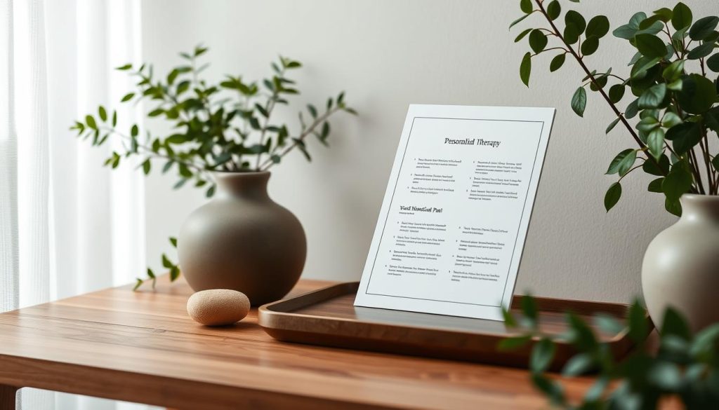 A serene and tranquil scene of a personalized therapy plan, with a muted color palette and soft lighting. The plan is presented on a minimalist wooden desk, surrounded by lush greenery and a calming, nature-inspired atmosphere. The arrangement evokes a sense of peace and relaxation, inviting the viewer to immerse themselves in the customized therapeutic experience. The image conveys a harmonious balance, with the plan as the focal point, subtly suggesting the unique and tailored nature of the service. The overall composition is elegant and refined, capturing the essence of the "Kişisel Masaj Hizmeti ile İstanbul'un Gürültüsünden Uzaklaşın" section.