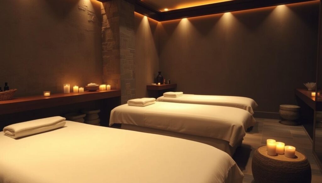 A serene, dimly lit spa setting with plush, inviting massage tables, the warm glow of candles, and the soothing fragrance of essential oils in the air. Soft, natural textures such as smooth stone, rich wood, and soft fabrics create a tranquil, luxurious atmosphere. Discreet, high-end spa amenities and accents are visible, hinting at the range of premium services available. The scene evokes a sense of relaxation, indulgence, and an elevated pampering experience.