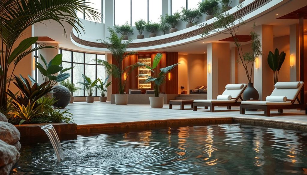 A serene, luxurious spa setting with plush lounge chairs, lush indoor greenery, and soft, diffused lighting. The foreground showcases a tranquil water feature, its soothing sounds complementing the peaceful ambiance. In the middle ground, elegant wooden accents and muted tones evoke a sense of natural, calming sophistication. The background features high ceilings and large windows, allowing natural light to filter in and create a warm, inviting atmosphere. The overall scene exudes an air of exclusivity and relaxation, perfectly capturing the essence of a premium spa experience.