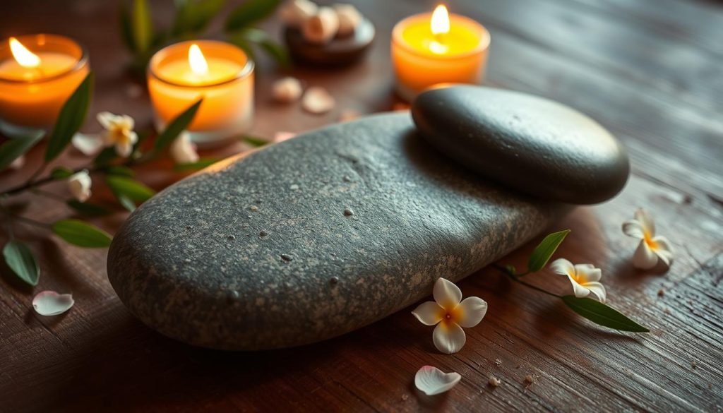 A serene spa setting with a smooth, flat river stone resting on a wooden surface, gently illuminated by soft, warm lighting. The stone is surrounded by aromatic candles, fresh green leaves, and delicate flower petals, creating a calming and soothing atmosphere. The scene evokes a sense of tranquility, inviting the viewer to imagine the therapeutic benefits of a hot stone massage infused with natural essential oils, providing a rejuvenating and restorative experience for the body and mind.
