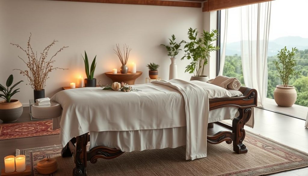 A serene spa setting with an array of massage modalities. The foreground features an ornate wooden massage table draped in crisp white linens, accompanied by delicate floral accents and soothing candles. The middle ground showcases a tranquil, minimalist ambiance with soft ambient lighting, potted plants, and relaxing Turkish rugs. The background depicts a calming, natural landscape with lush foliage and a hint of a distant mountainous horizon. The overall atmosphere evokes a sense of rejuvenation, wellness, and restorative pampering.