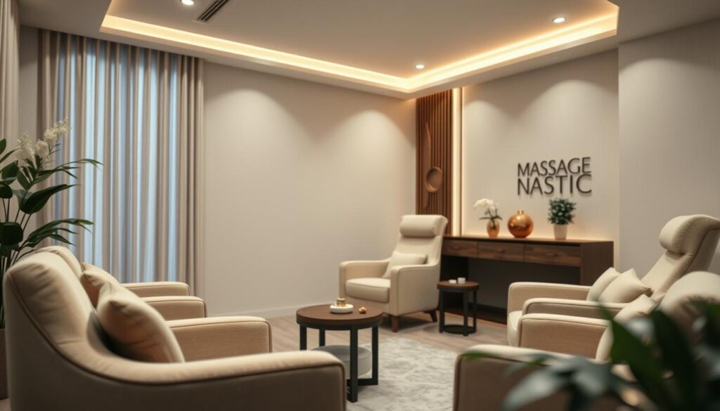A well-designed massage parlor advertisement showcasing an elegant, soothing interior with plush chairs, soft lighting, and calming decor. The image should convey a sense of tranquility and relaxation, with a focus on the serene ambiance and high-quality services offered. Subtle textures and patterns in the background, such as natural wood accents or lush greenery, would enhance the overall atmosphere. The composition should be balanced and visually appealing, drawing the viewer's attention to the inviting space and the promise of a rejuvenating massage experience.